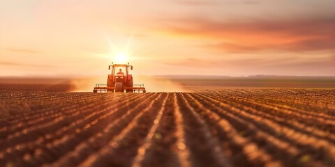 Fototapeta premium Aerial view of tractor plowing fields at sunset showcasing modern farming technology. Concept Aerial Photography, Agriculture, Technology, Farming, Sunset