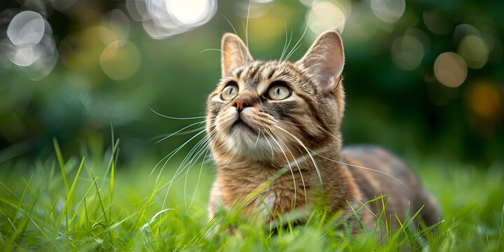 Portrait of purebred cat with grass background related to cat adoption events. Concept Cat Portraits, Grass Background, Purebred Cats, Cat Adoption Events