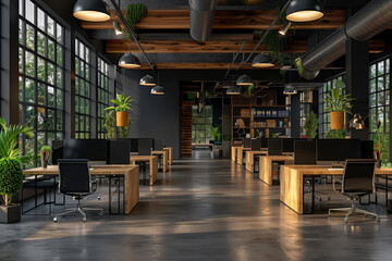 Interior of modern office with white and wooden walls, open space area with white computer tables...