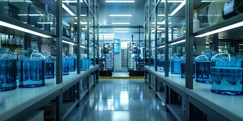 Fototapeta premium Futuristic lab with redox flow battery prototypes showcasing scalable energy storage. Concept Energy Storage, Redox Flow Battery, Futuristic Lab, Prototype Development, Scalable Technology