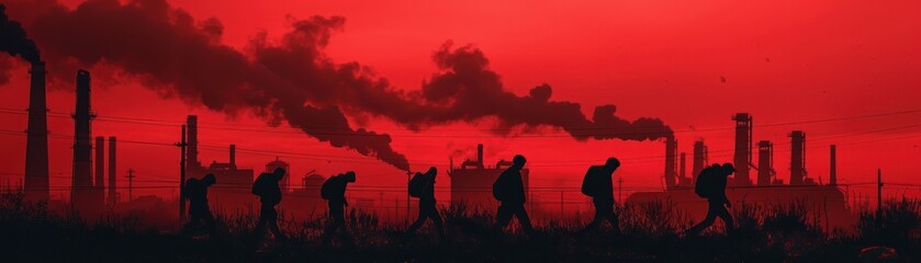 Silhouetted workers walk in industrial area with factory smokestacks and crimson red sky, symbolizing environmental impact and labor force.
