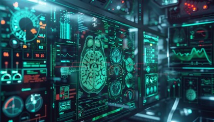 futuristic healtcare digitalization, displays, holograms, green tones