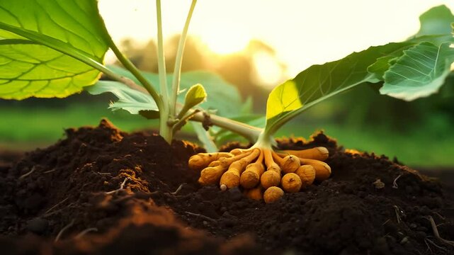 Vibrant morning light on young peanut plant in soil