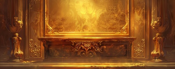Vintage brass podium with ornate carvings and gold trim, Retro, Warm tones, Soft lighting, Digital painting