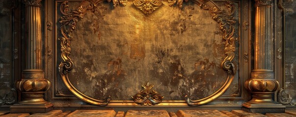 Vintage brass podium with ornate carvings and gold trim, Retro, Warm tones, Soft lighting, Digital painting