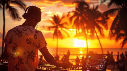 DJ playing music on the beach at sunset with palm trees in the background, creating a tropical and vibrant atmosphere.