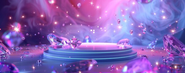 Obraz premium Surreal floating podium with glowing gemstones and magical lighting, Dreamlike, Bright colors, 3D rendering