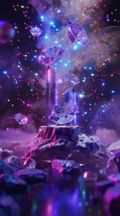 Fototapeta premium Surreal crystal podium with floating gems and ethereal lighting, Dreamlike, Vibrant hues, 3D rendering
