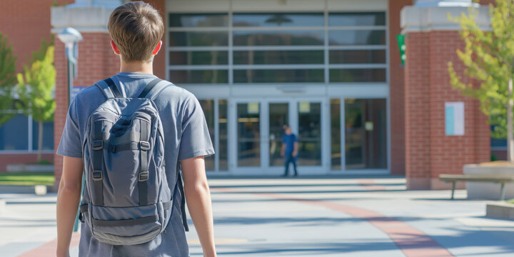 A Student with Backpack Walking into School on First Day 