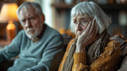 Fototapeta premium Elderly couple sitting on a couch, looking concerned and thoughtful in a warmly lit living room.