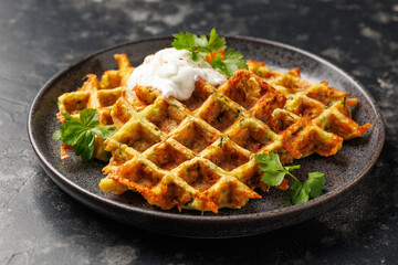 Homemade zucchini waffles in a rustic plate. Healthy food.