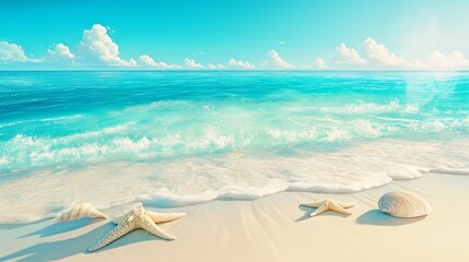 Seashells and starfish scatter the beach by azure waters