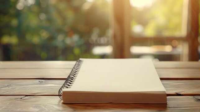 Blank page notepad on table top down view with copy space note taking idea blurred backdrop