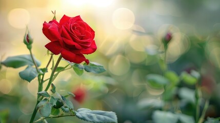 Blooming red rose on nature background Ideal gift for holidays and celebrations