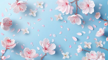 Blooming sakura flowers on blue background for creative design