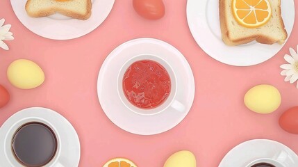   A table with plates of food, a cup of coffee, and an orange slice on top