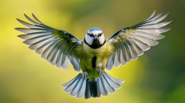 Blue tit preparing to land with wings outstretched against green backdrop