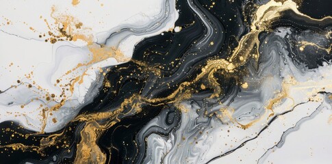 Abstract background in the style of liquid gold, black and white marble pattern and splashes of paint.