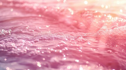 Blurred close up of serene pink water surface with bubbles Abstract summer background with coral waves in sunlight