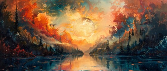 A painting of a forest with a large red moon in the sky