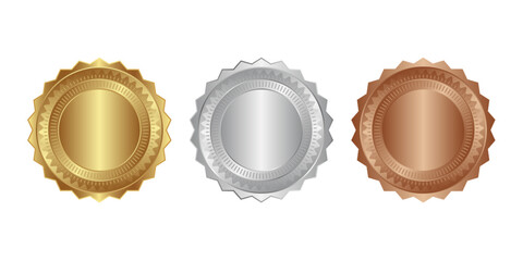 Set of gold, silver, bronze medals on a white transparent background.