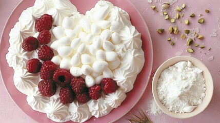   Heart-shaped cake with whipped cream and raspberries on a pink plate alongside a bowl of pistachios