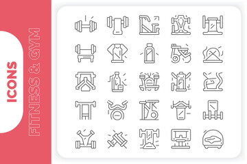 Line icons about fitness and gym. Contains such icons as nutritionists, personal trainers, body sculptors, and more. Perfect editable vector file