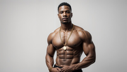 portrait of an African American man in a white tank top with a gold necklace
