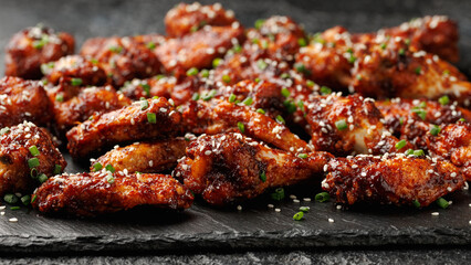 Spicy korean chicken wings with sesame seeds and chives