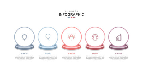 Infographic Illustration design template with icons and 5 options, workflow layout, icons, diagram, report, web design. Creative, vector, illustration.