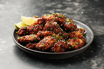 Spicy korean chicken wings with sesame seeds and chives