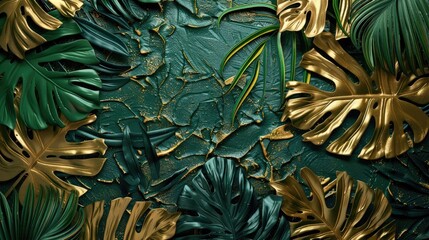 Obraz premium Harmonious blend of Volumetric decorative tropical leaves intricately designed amidst textured plastered wall and elegant gold elements, symbolizing the timeless allure