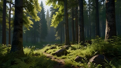 Obraz premium A stunning natural view of the forest with lush green trees and a serene atmosphere
