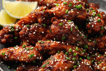 Spicy korean chicken wings with sesame seeds and chives