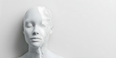 3D abstract sculpture of white marble female figure with sliced head. Concept Marble Sculpture, Abstract Art, Female Figure, Sliced Head, 3D Sculpture