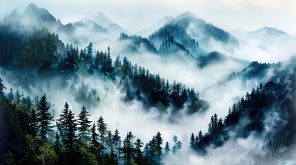 Obraz premium Realistic oil painting of misty mountain landscape