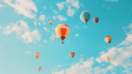 Obraz premium Take a journey through the sky with this stunning hot air balloon ride. You'll be able to see for miles in every direction, and you'll feel like you're on top of the world.
