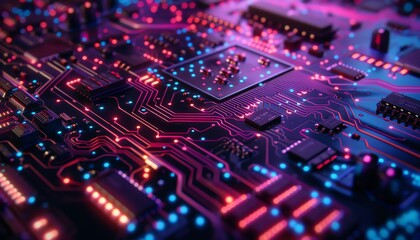 Obraz premium An electronic circuit board with surface-mounted components. The board is illuminated with pink and blue lights.