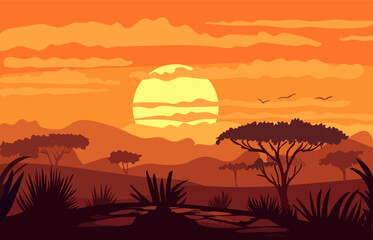 Sunset in Africa savanna cartoon landscape