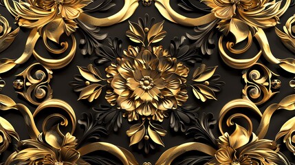 An opulent, highly detailed, seamless pattern of golden flowers and leaves on a black background.