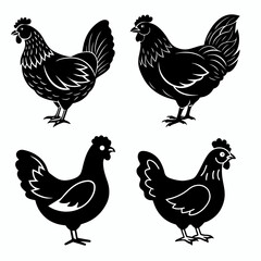 Set of hen chicken silhouettes, clipart chicken silhouette set, Big set of clipart chicken silhouette icons.