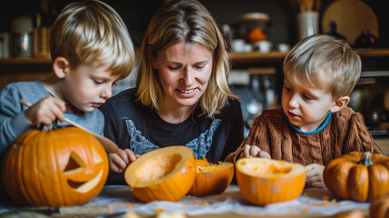 Fototapeta premium Mother with her children painting and building Halloween pumpkins to decorate