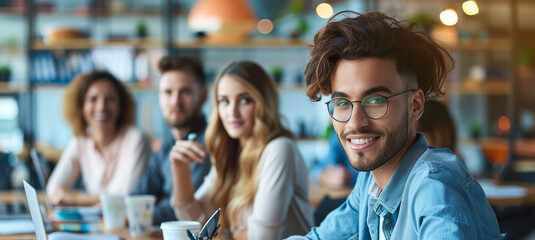 Obraz premium Young Professionals in Casual Business Meeting, Modern Office, Daytime, Collaborative and Creative Environment