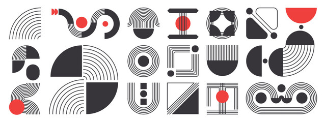 Hand drawn abstract minimal element mid century vector set. Aesthetic contemporary stripe line art, geometric shape in monochrome. Art form design for wall art, decoration, wallpaper.