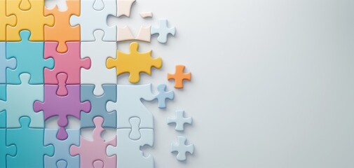 Colorful incomplete jigsaw puzzle on a light background, symbolizing problem-solving, teamwork, and creativity in a dynamic concept.