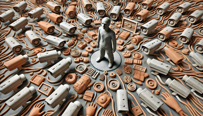 Detailed claymation style person surrounded by cameras and data streams, fear of AI invading privacy