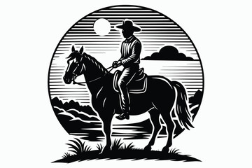 cowboy riding horse at sunset vintage style.eps