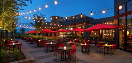 Outdoor dining area with string lights and red umbrellas at night, set for a cozy evening ambiance.