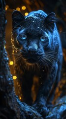 Black Panther Perched on Rocky Ledge in the Moonlight