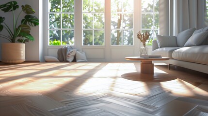 Fototapeta premium Sunlight streams through large windows of an elegant living room, casting soft shadows on the light wooden floor, creating a warm and inviting atmosphere.